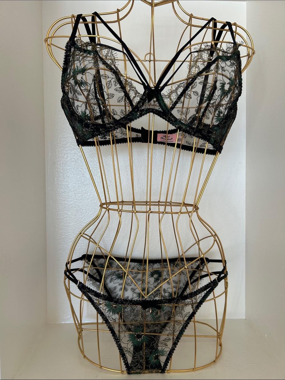Sheer Black & Green Embroidered Lace Bra & Panty Set